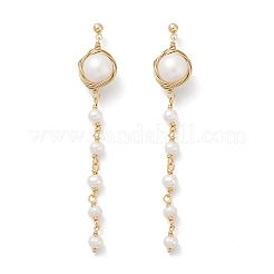 Round Brass Natural Freshwater Pearl Tassel Stud Earrings&nbsp;EJEW-U072-02G