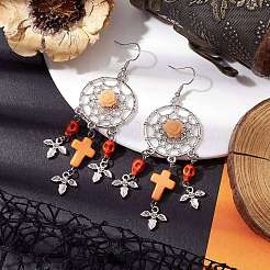 Woven Web/Net with Cross & Skull Synthetic Turquoise Dangle Earrings&nbsp;EJEW-JE05865-03