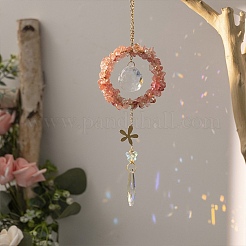 Watermelon Stone Glass Web with Feather Wall Hanging Decoration&nbsp;PW-WG28944-01