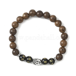 3Pcs Round Wooden & Natural Obsidian Carved Om Mani Padme Hum Beads Stretch Bracelets&nbsp;BJEW-JB12670