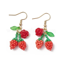 Flower with Cherry 304 Stainless Steel Glass Seed Beads Dangle Earrings&nbsp;EJEW-MZ00419-03