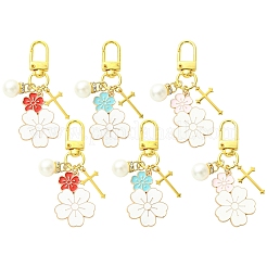 6Pcs 3 Styles Alloy Enamel & Acrylic Pearl Flower Pendant Decoration&nbsp;HJEW-YW00326