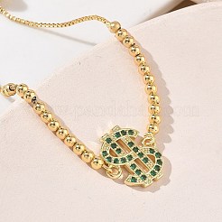 Adjustable Brass Micro Pave Cubic Zirconia Dollar Sign Link Slider Bracelets for Women&nbsp;KK-H279-14G-01