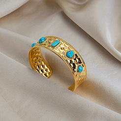 Vintage 304 Stainless Steel Pave Synthetic Turquoise Cuff Bangles for Women&nbsp;FO8532