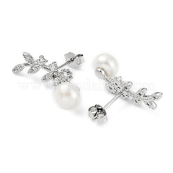 Anti-Tarnish Cubic Zirconia Leafy Branch with Natural Pearl Stud Earrings&nbsp;EJEW-F318-11P