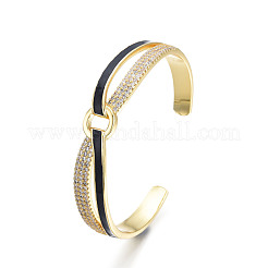 Clear Cubic Zirconia Criss Cross with Ring Open Cuff Bangle with Enamel&nbsp;BJEW-N012-018