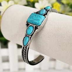 Square Alloy Synthetic Turquoise Cuff Bangles for Women&nbsp;WGCD943-02