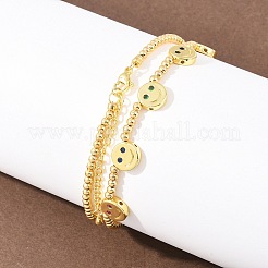 Brass Micro Pave Colorful Cubic Zirconia Smiling Face Round Beaded Bib Necklaces for Women&nbsp;NJEW-F364-07A-G