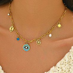 Elegant Classic 201 Stainless Steel Enamel Deep Sky Blue Evil Eye Pendant Necklaces for Women&nbsp;IG6682