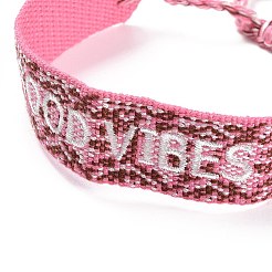 Word Good Vibes Polycotton(Polyester Cotton) Braided Bracelet with Tassel Charm&nbsp;LS-BJEW-F429-02