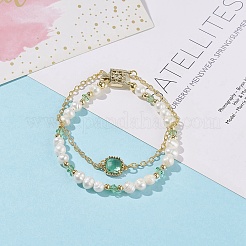 Natural Pearl & Glass Beaded Multi-strand Bracelet with Brass Cable Chains for Women&nbsp;BJEW-TA00077-01