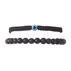 2Pcs 2 Styles Natural Black Onyx & Black Agate & Synthetic Lava Rock Beads Braided Bead Bracelets for Women&nbsp;BJEW-JB12591