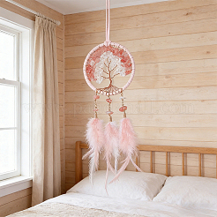 2Pcs Brass Woven Web/Net with Feather Pendant Decorations&nbsp;HJEW-GF0001-80