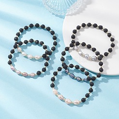 Natural Lava Rock & Cultured Freshwater Pearl Beads Stretch Bracelets for Women&nbsp;BJEW-JB12868