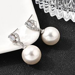 925 Sterling Silver Clear Cubic Zirconia Heart with Round Dangle Stud Earrings&nbsp;EJEW-L300-05P