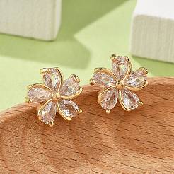 Flower Brass Micro Pave Cubic Zirconia Stud Earrings for Women&nbsp;EJEW-G428-28A-02
