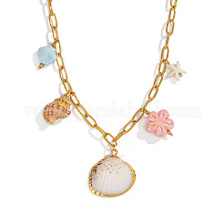 European Electroplated Natural Shell & Ceramic Shell Flower Pendant 304 Stainless Steel Paperclip Chain Bib Necklaces&nbsp;DC9406