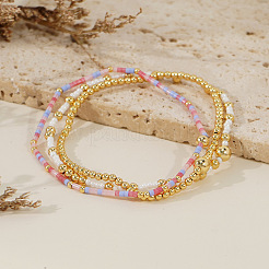 3Pcs 3 Styles Glass Seed Beads & Brass Beads Stretch Bracelets Set for Women&nbsp;VQ8944-1