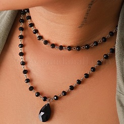 Gothic Style Alloy & Acrylic Handmade Link Chain Black Teardrop Pendant Double Layer Necklaces for Women&nbsp;FS-WG22283-01