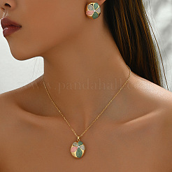 Oval with Flower Pattern Brass Enamel Pendant Necklaces & Stud Earrings Sets&nbsp;FS-WGB45B2-01