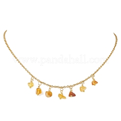 Natural Amber Chip Pendant Bib Necklaces with 304 Stainless Steel Cable Chains&nbsp;NJEW-JN05942