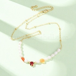Natural Carnelian Chip and Rice Natural Pearl Beaded Necklaces&nbsp;GG-CBA3297-15G-E