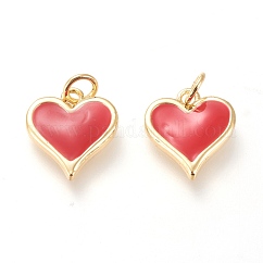 Real 18K Gold Plated Brass Charms, Cadmium Free & Lead Free, with Enamel and Jump Rings, Long-Lasting Plated, Heart, Red, 14x13x2.8mm, Jump Ring: 5x1mm, 3mm Inner Diameter