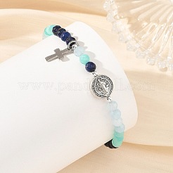 Gradient Natural Mixed Stone Faceted Round Beaded Stretch Bracelets with Alloy Saint Benedict Medal&nbsp;BJEW-JB14401-01