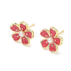 Flower Brass & ABS Plastic Pearl Stud Earrings&nbsp;EJEW-P336-07G-02