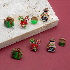 4 Pairs Candy Cane & Snowman & Christmas Gift Printed Wood Stud Earrings&nbsp;EJEW-OY001-01