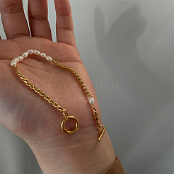304 Stainless Steel & Plastic Pearl Link Chain Bracelets&nbsp;WG2486F-01