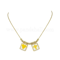 Rectangle with Cross & Heart Glass Seed Beaded Pendant Necklace&nbsp;NJEW-MZ00015-01