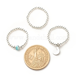 3Pcs 3 Style Natural White Jade & Synthetic Hematite Beaded Stretch Rings Set with Crescent Moon Charm&nbsp;RJEW-JR00469-01