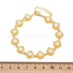 Brass & White Round ABS Plastic Pearl Shell Shape Link Chain Bracelets for Women&nbsp;BJEW-L707-03G