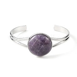 Natural Mixed Stone Flat Round Brass Cuff Bangles for Women&nbsp;BJEW-JB14353