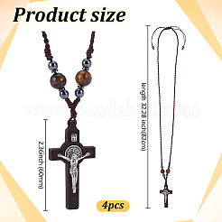 4Pcs Natural Tiger Eye Round Bead & Synthetic Hematite Bead & Wood Cross Pendant Necklaces&nbsp;NJEW-HY00003