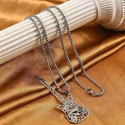 201 Stainless Steel Hollow Guitar Pendant Box Chain Necklaces&nbsp;NJEW-M086-03P