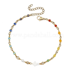 Baras Pave Clar Cubic Zirconia Flat Round & Cross Natural White Shell & Faceted Rondelle Glass Bead Chain Anklets for Women&nbsp;AJEW-AN00824