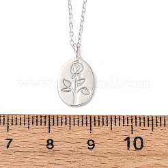 925 Sterling Silver Oval with Engraved Rose Flower Pendant Necklaces for Women&nbsp;NJEW-D316-03P