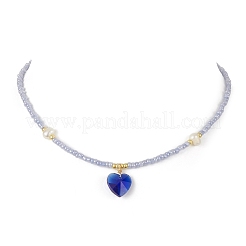 Heart Glass Pendant Necklace with Natural Pearl & Seed Beaded Chains&nbsp;NJEW-JN04343