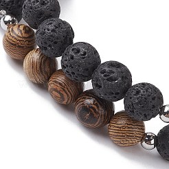 Natural Lava Rock & Wooden Round Beaded Stretch Bracelet&nbsp;BJEW-JB10075