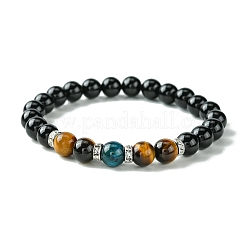 2Pcs 2 Style Dyed Natural Tiger Eye & Black Onyx Round Beaded Stretch Bracelets Set&nbsp;BJEW-TA00439
