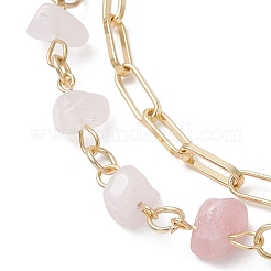 Natural Rose Quartz Chip Beads & Brass Paperclip Chain Multi-strand Bracelets for Women&nbsp;BJEW-JB12890-01