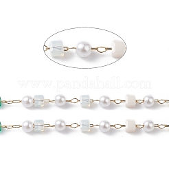 Cube & Round Glass & ABS Imitation Pearl Beaded Chains&nbsp;CHS-P016-43G-03