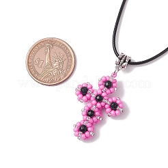Glass Seed Beads & Synthetic Blue Goldstone Beaded Cross Pendant Necklaces&nbsp;NJEW-MZ00103