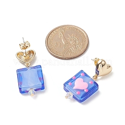 Handmade Lampwork Rectangle with Heart Dangle Stud  Earrings&nbsp;EJEW-JE05150