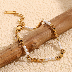 Retro 304 Stainless Steel 18K Gold Plated Beaded Handmade Chain Bracelet Women&nbsp;HI2110