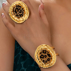 Oval with Leopard Print Pattern Alloy & Imitation Leather Cuff Bangles & Cuff Rings Sets&nbsp;FS-WG4B1E8-01