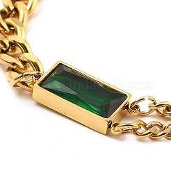 Cubic Zirconia Rectangle Link Bracelet with 304 Stainless Steel Curb Chains&nbsp;BJEW-Z015-01G
