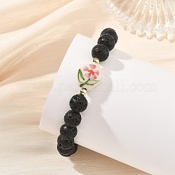 Handmade Printed Porcelain Flower & Round Natuarl Lava Rock Beaded Stretch Bracelets&nbsp;BJEW-JB14183-02